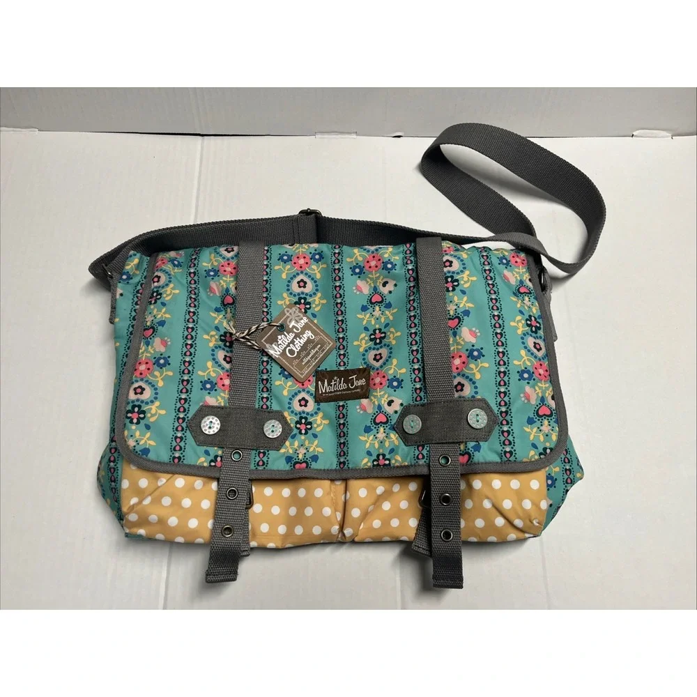 Matilda Jane Folklore Messenger Bag Teal Floral Yellow Polka Dot Diaper Tote Bag